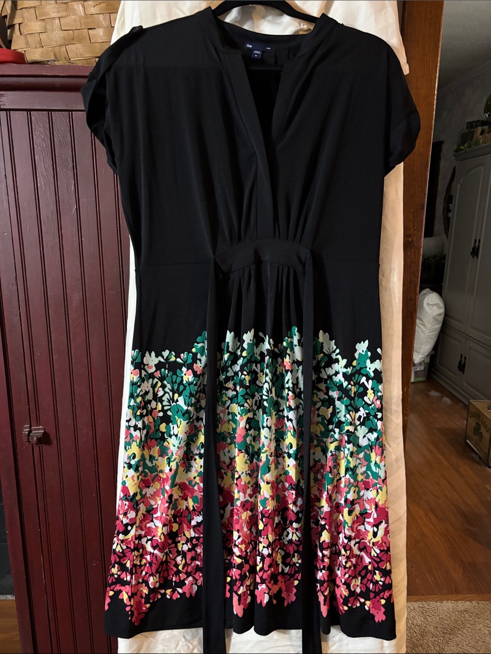 GAP Black Midi Dress with Multicolor Floral Border